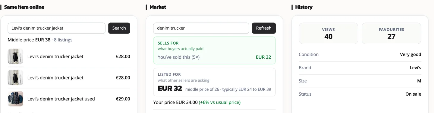Flogit price check comparing a listing with similar items and your own sales