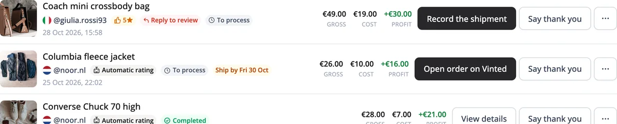 Flogit sales rows with Reply to review and Say thank you buttons
